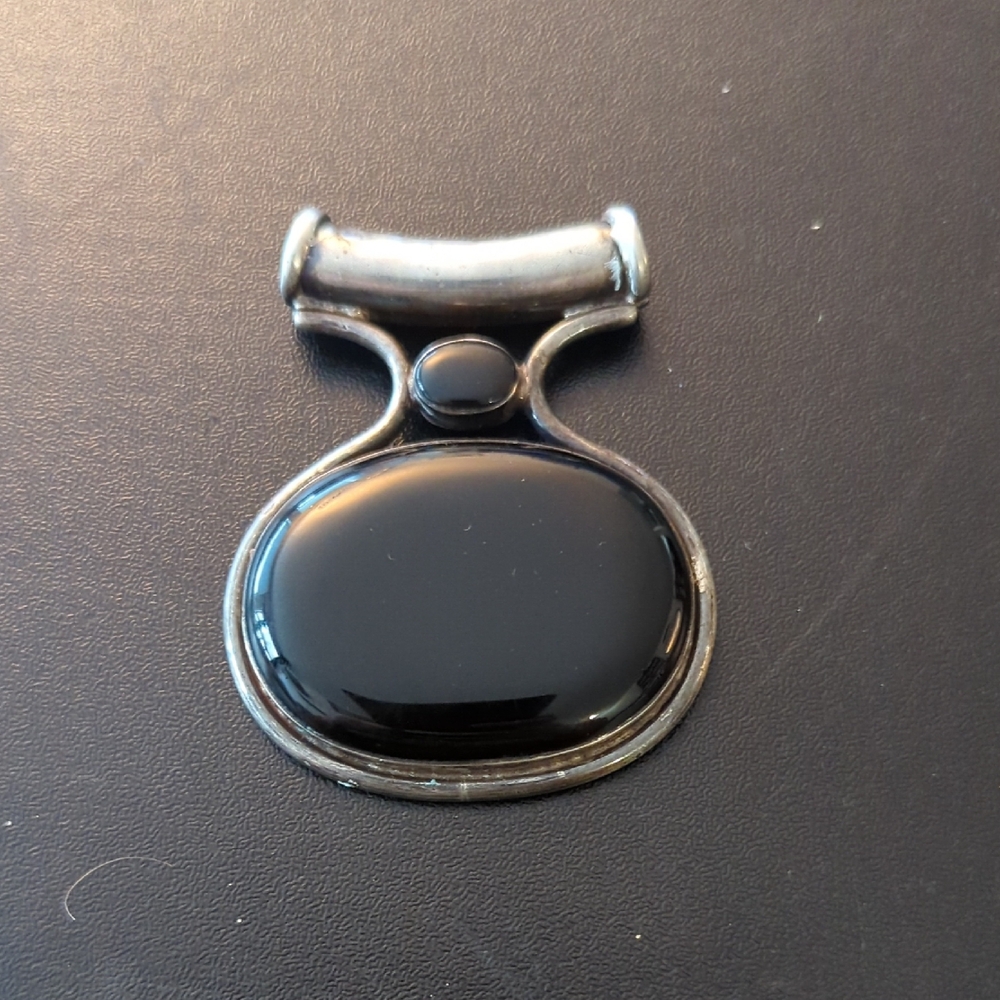 Large Oval Onxy and Smokey Quartz Sterling Silver Pendant